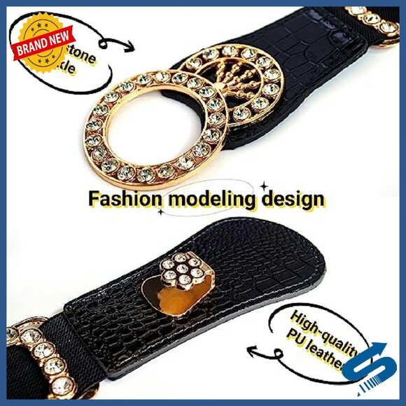 Stretch Waist Belt with Golden Buckle for Dresses, Elastic Bling Accessory